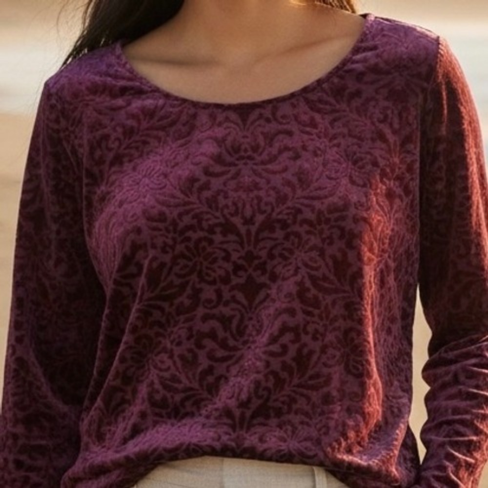 Karen Kane Burnout Velvet Damask Blouse Plum Wine Long Sleeve S Goth Boho Luxe